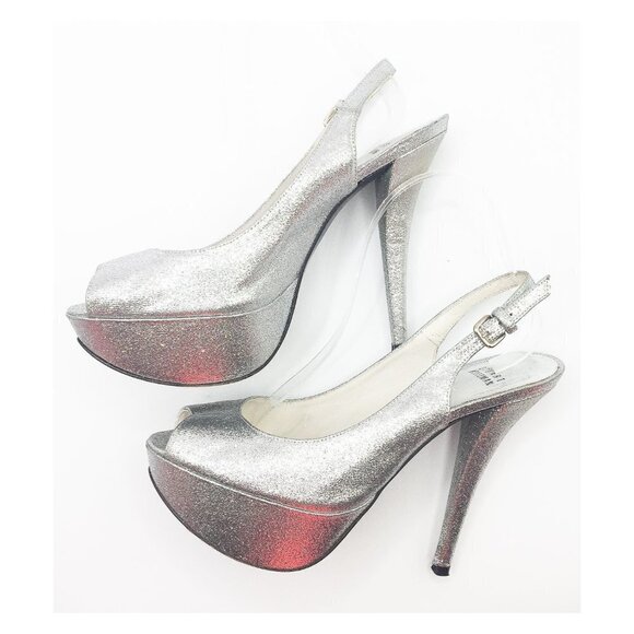 STUART WETZMAN Silver Glitter Open Toe Platform Slingback Pumps - Picture 3 of 13